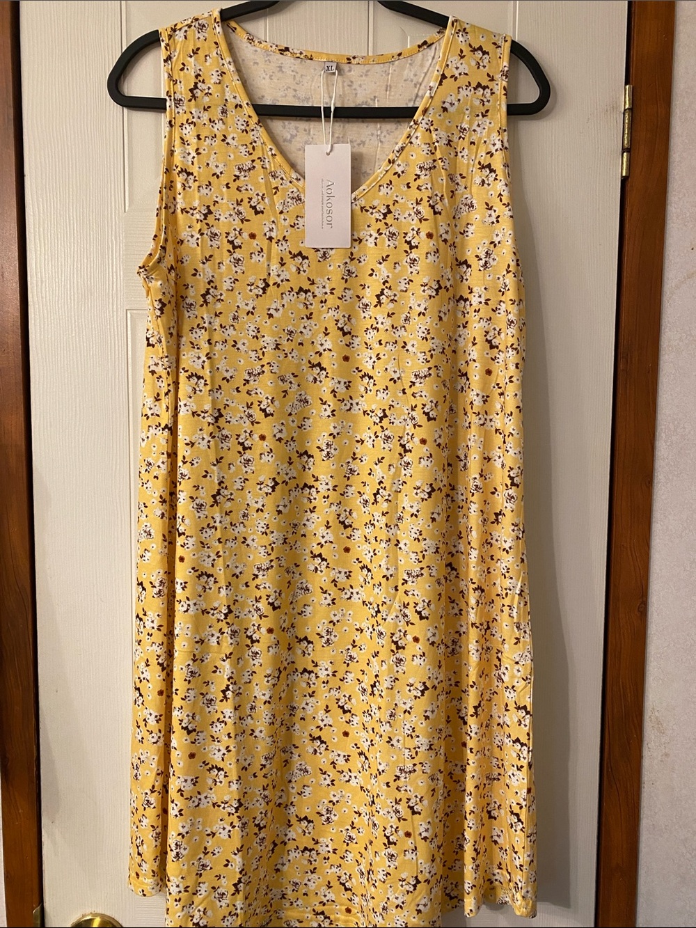 Aokosor Sleeveless V-Neck Yellow Floral Summer Dress XL